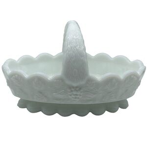 Vintage Westmoreland White Milk Glass Oval Split Handled Grape Footed Basket